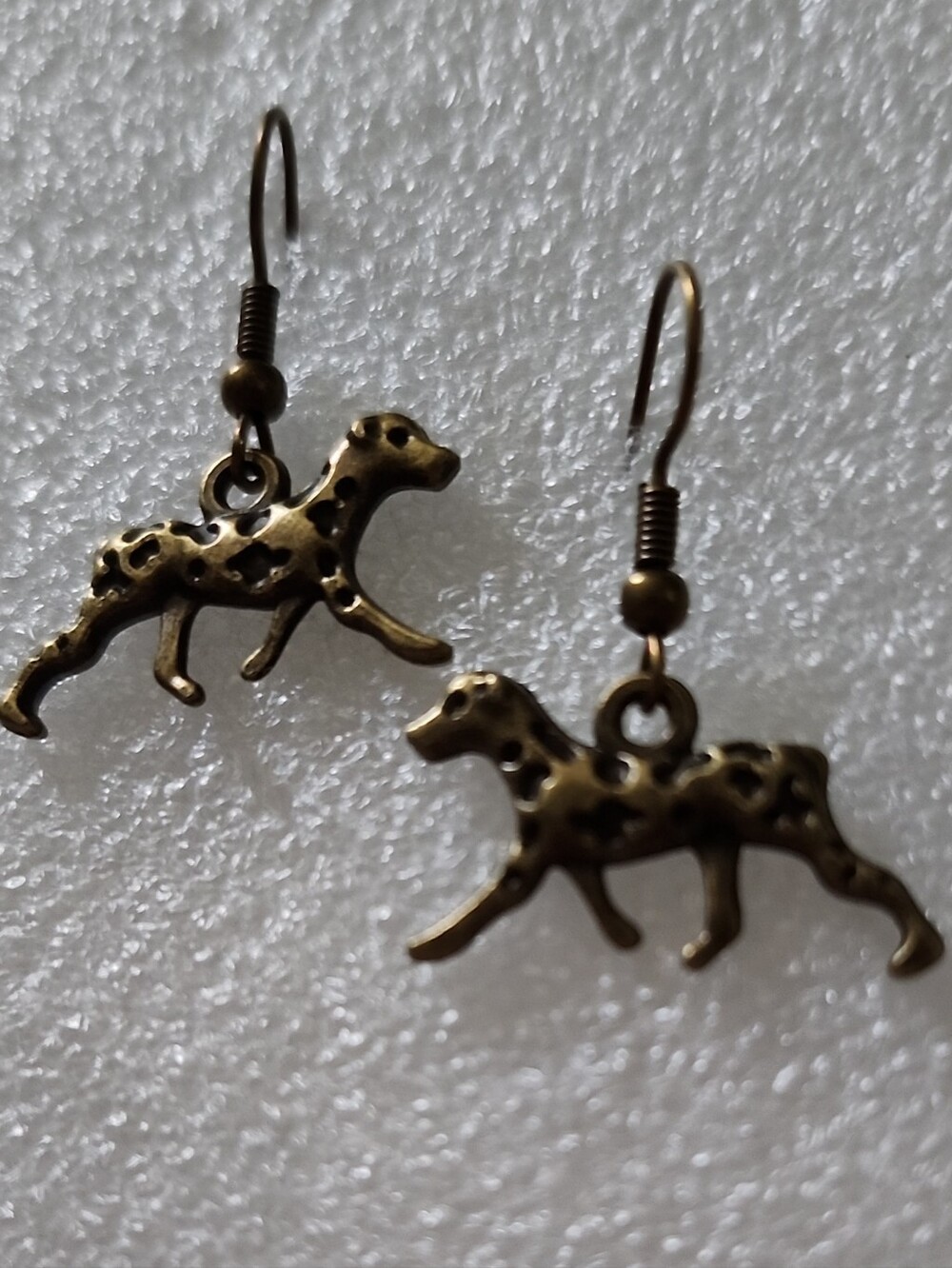 Hand Crafted Dalmatian Dog Drop Earrings in Antique Gold